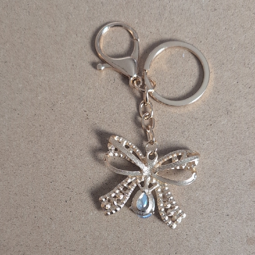 Gold Bow Bag Charm Keychain with Light Pink Teardrop Crystal - Picture 5 of 7
